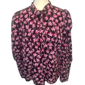 Women's Who What Wear BLACK PINK Floral Puff Long Sleeve Polyester Blouse Sz L
